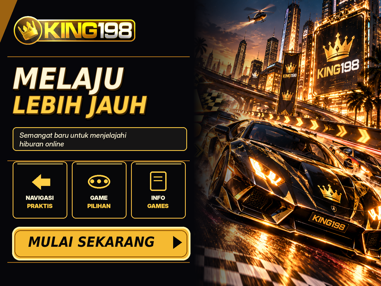 Banner KING198 bertema retro futuristik dengan mobil balap hitam emas di jalan kota malam.